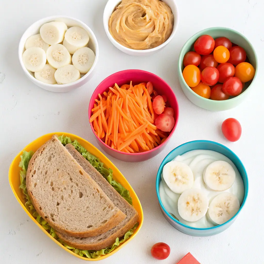 Fresh toddler-friendly ingredients including whole-grain bread, cheese, fruits, veggies, and yogurt.