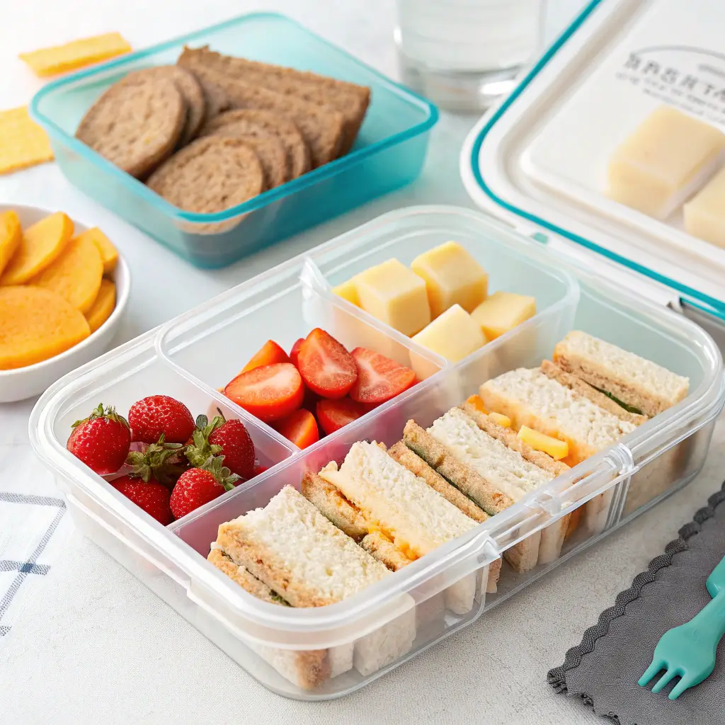 A toddler meal prep container with neatly stored mini sandwiches, fruit, cheese, and crackers.