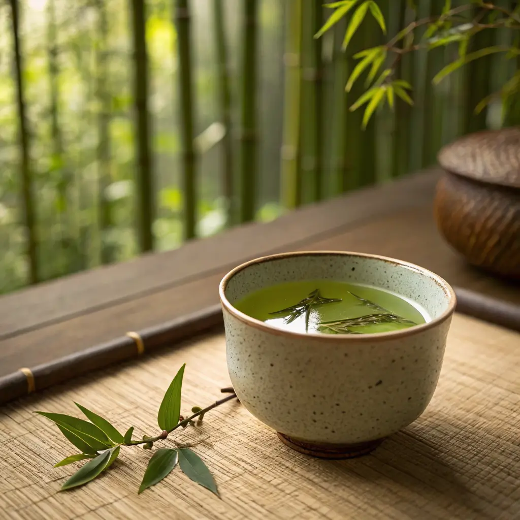 A steaming cup of green tea in a ceramic cup with fresh tea leaves.