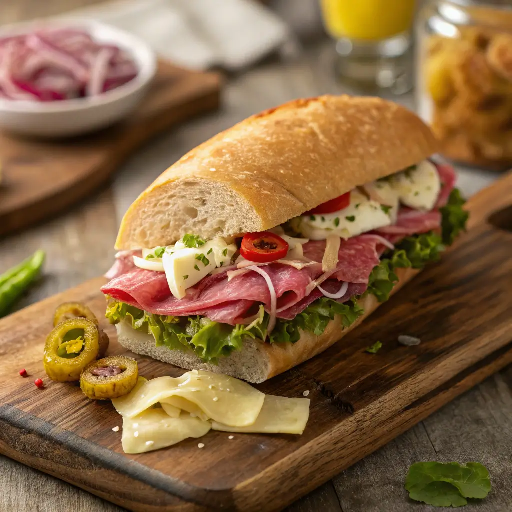 A mouthwatering chopped Italian sandwich on a toasted roll with layers of deli meats, cheese, and crisp veggies.