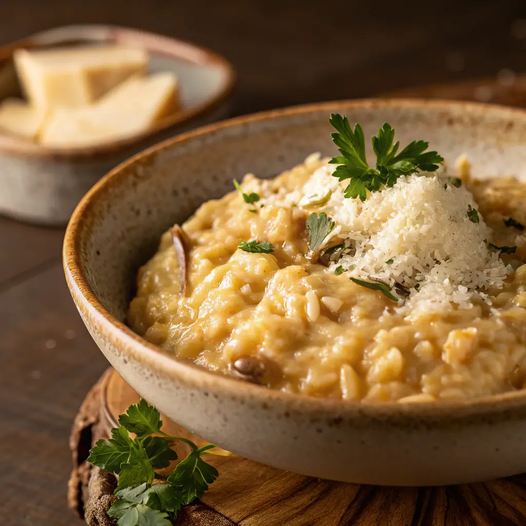 A creamy, gluten-free risotto plated in a ceramic bowl with Parmesan and parsley garnish.