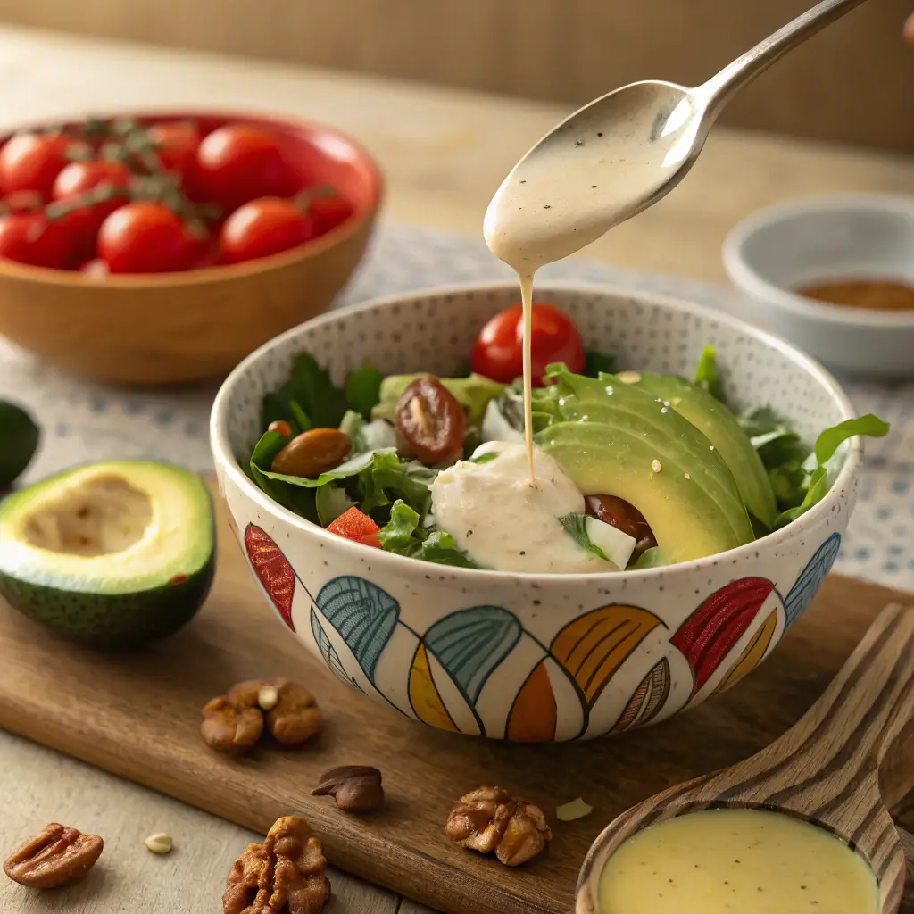 A rich, golden homemade salad dressing being drizzled onto a fresh salad.