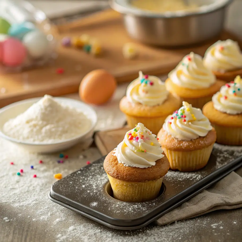 Golden-brown mini cupcakes with buttercream frosting and sprinkles on a tray