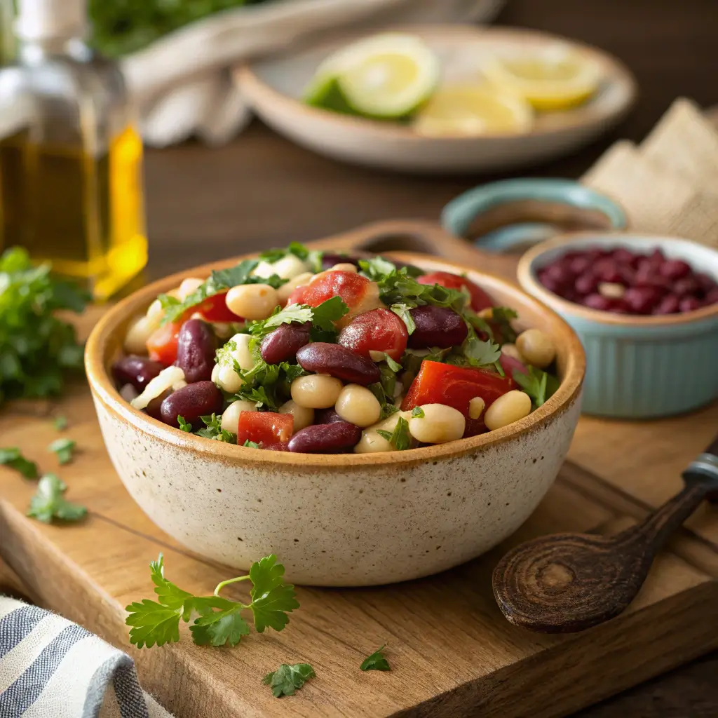 A beautifully plated dense bean salad with fresh herbs and dressing, sitting on a wooden table under natural light.