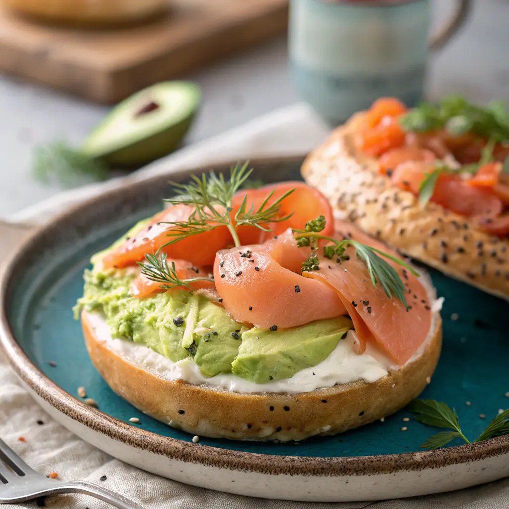 Freshly baked protein bagels with a golden crust and soft interior on a wooden board